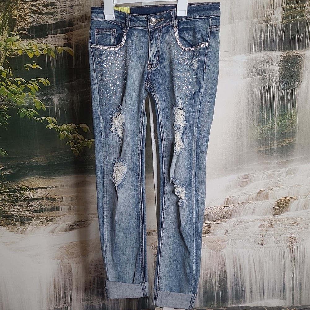 Machine Nouvelle Mode Womens 29 Distressed Blue Jeans Bling Rhinestone Accents